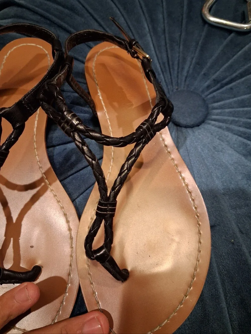 Lauren Ralph Lauren Black Braided Thong Sandals with Tan Footbed